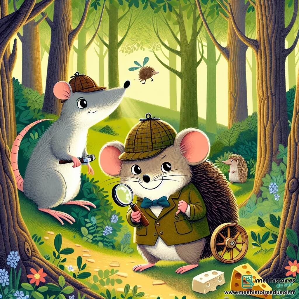 Un rat nommé Rémi, avec un pelage gris et des yeux curieux, porte un chapeau de détective et tient une loupe, cherchant des indices sur son fromage disparu. À ses côtés, Tino le hérisson, souriant et assis sur une roue en bois, est prêt à montrer sa machine à fromage volant. La scène se déroule dans la forêt enchantée de Fromagère, entourée de grands arbres et de fleurs colorées, avec des rayons de soleil créant une ambiance joyeuse. Rémi et Tino, au pied d'un grand chêne, sont entourés de l'odeur du fromage, observés par des animaux curieux.