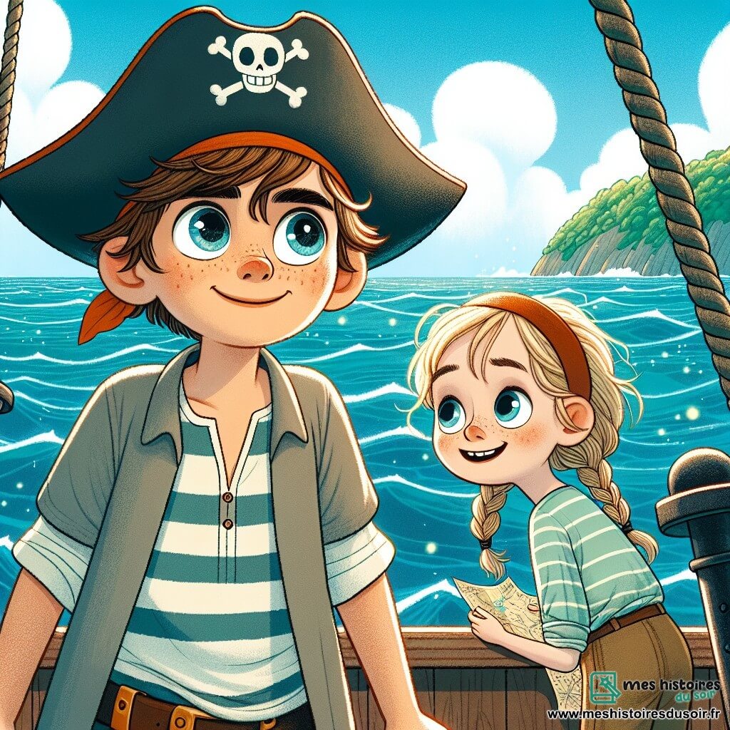Thomas, un garçon de dix ans, se tient sur le pont de son bateau pirate, le "Joyeux Lutin". Il a des cheveux bruns en bataille, des yeux déterminés et porte un chapeau de pirate trop grand. À ses côtés, Emma, neuf ans, avec des cheveux blonds tressés et un sourire, tient une carte au trésor. Louis, dix ans, porte des lunettes et observe l'eau avec curiosité. Ils naviguent sur un océan bleu parsemé d'îles verdoyantes, sous un ciel clair avec quelques nuages. Ils sont en pleine aventure, prêts à chercher un trésor légendaire.