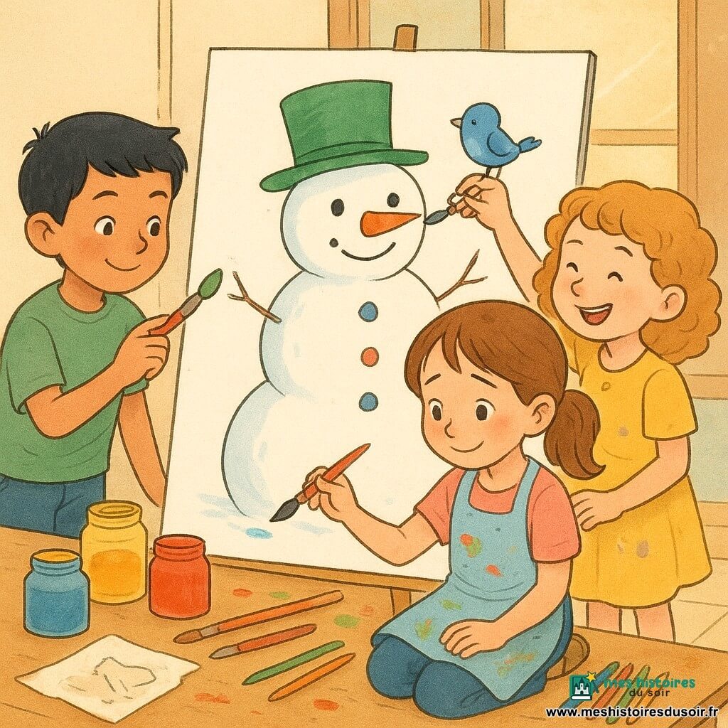 Léna, 8 ans, visage légèrement rougi et sourire timide, tient un pinceau et commence à dessiner un bonhomme de neige sur une grande affiche blanche tandis que ses amis l'aident : Mehdi, 8 ans, cheveux courts noirs en t-shirt vert, peint un grand chapeau; Zoé, 8 ans, cheveux bouclés blonds en robe jaune, ajoute des boutons multicolores; Jules, 8 ans, cheveux roux en chemise à carreaux, dessine un petit oiseau bleu sur la tête du bonhomme. Dans un atelier lumineux avec une grande table en bois, pots de peinture et une fenêtre laissant entrer un rayon de soleil, l'ambiance est chaleureuse, rires et complicité, taches de peinture vives; style visuel pastel saturé, traits doux, textures de peinture visibles et expressions montrant la timidité transformée en joie.