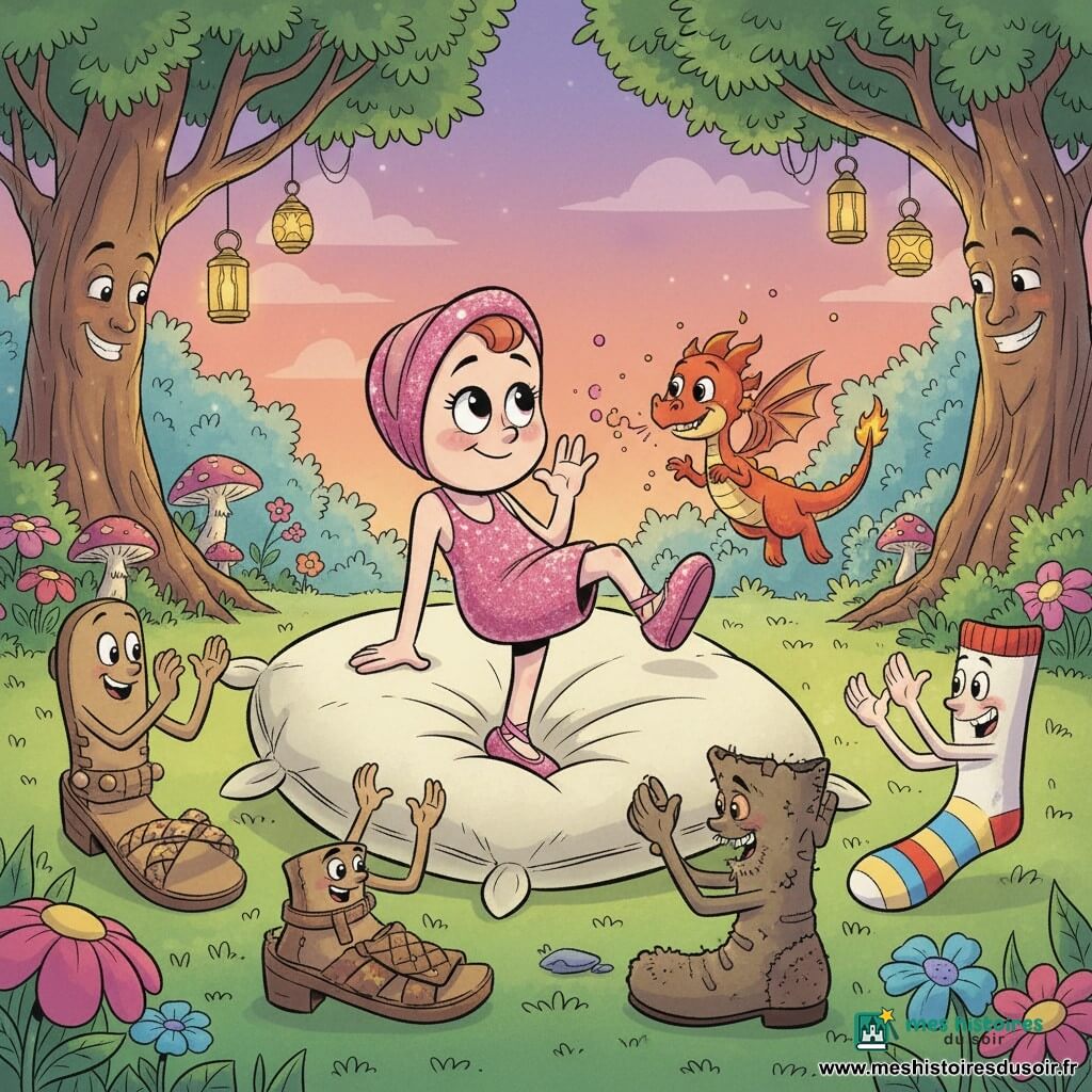 Chaussette : ballerine rose pailletée anthropomorphe au large sourire timide, yeux ronds, à moitié assise sur un gros coussin ivoire, levant une jambe pour un pas de danse hésitant, cuir verni avec paillettes et petites éraflures ; Flammelette : petit dragon joueur orange-rouge aux ailes translucides, volant à droite et soufflant étincelles roses et dorées ; groupe : trois chaussures amies (sandale tressée souriante, vieille botte rugueuse riant, chaussette rayée) assises autour du coussin, applaudissant ; lieu : jardin enchanté au crépuscule avec herbe vive, fleurs oversize, champignons lumineux, arbres au tronc brillant et guirlandes de lanternes, ciel pastel saumon-violet ; situation : fête joyeuse où la chaussure paresseuse commence à danser pour la première fois, atmosphère chaleureuse et drôle, mouvements exagérés et expressions comiques ; style visuel : lignes claires, couleurs saturées et contrastées, ombres douces, textures (paillettes, tissu, cuir), plan moyen, ambiance enfantine et fantaisie.
