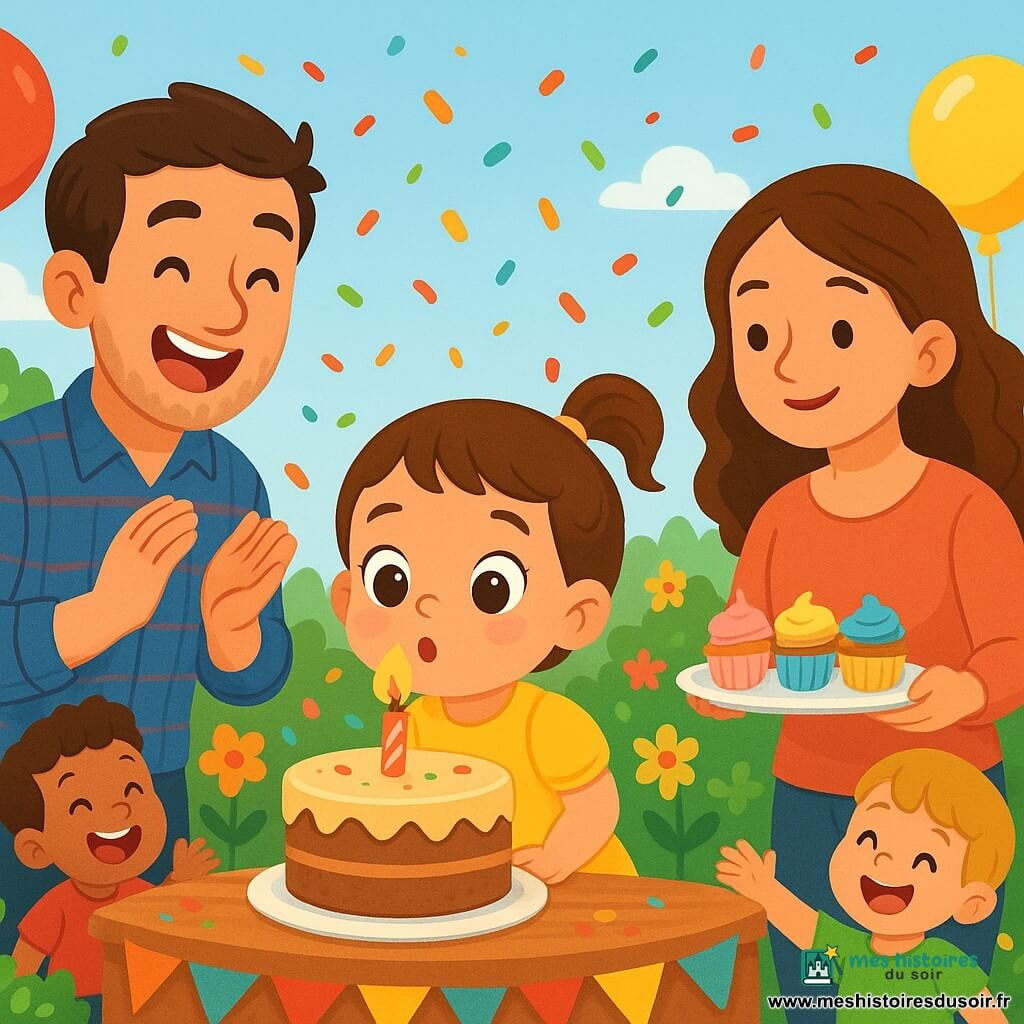 Une petite fille de 2 ans, Lou, avec de grands yeux pétillants et un sourire radieux, porte une robe jaune vif. Elle souffle joyeusement sur une bougie d'anniversaire sur un gâteau, entourée de confettis colorés. À côté d'elle, son papa, un homme souriant d'environ 30 ans, applaudit et chante. Sa maman, une femme douce d'environ 28 ans, tient un plateau de gâteaux et sourit. La scène se déroule dans un jardin ensoleillé, rempli de fleurs et de ballons. Une grande table est décorée de guirlandes colorées, et des enfants jouent autour. Lou est au centre de l'attention, créant une atmosphère festive.