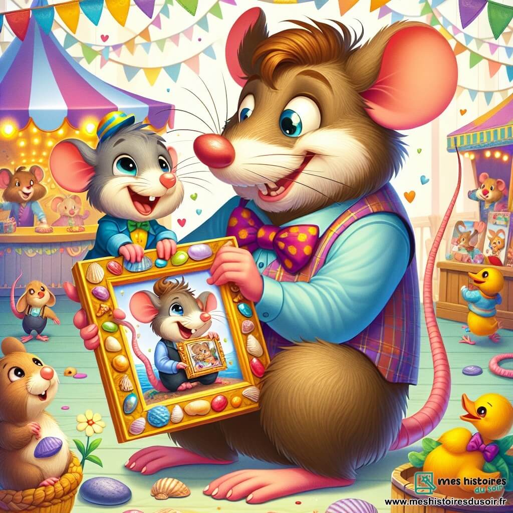 Un petit rat nommé Rémi, avec un pelage gris et des yeux pétillants, tient un cadre photo décoré de coquillages. Il sourit fièrement, ses pattes serrant le cadre contre son cœur. À ses côtés, Papa Rat, plus grand avec un pelage brun, regarde son fils avec émotion et fierté. La scène se déroule sur une place animée de Mouselis, ornée de guirlandes, où des animaux s'amusent ensemble. Rémi, debout sur une petite scène, présente son cadre à un public émerveillé, créant un moment de tendresse pour la fête des pères.