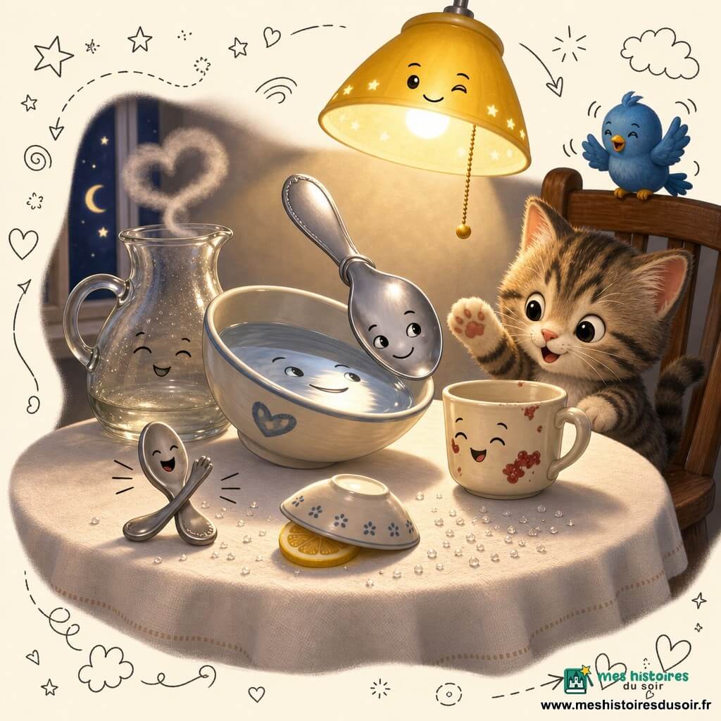 Cuillère anthropomorphe en métal brillant, yeux gravés et petit sourire, penchée au bord d’un bol d’eau qui renvoie son reflet-sourire, à côté une petite cuillère amie mate claque joyeusement sur une nappe blanche; derrière le bol une carafe en verre légèrement fumée, à droite une tasse en porcelaine crème tachetée de confiture qui rit doucement, un chaton en peluche rayé perché sur une chaise, un oiseau en plastique bleu sur le dossier, une lampe jaune projette une lumière douce sur la table parsemée de grains de sel et d’une assiette renversée cachant une rondelle de citron — ambiance nocturne cocooning, complicité et reflets argentés, la cuillère vient de déposer un petit sourire brillant sur la table.
