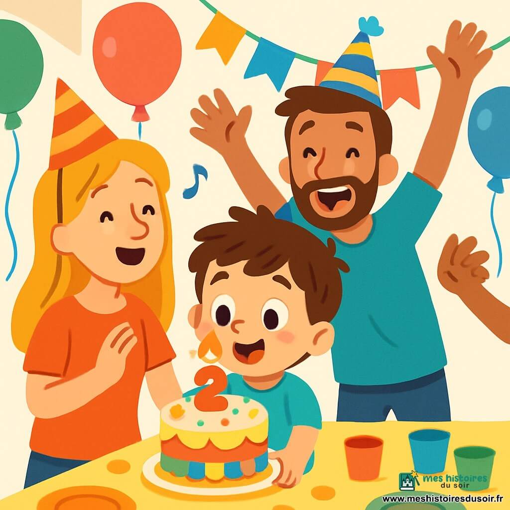 Léo, un petit garçon de 2 ans aux cheveux bruns en bataille et aux grands yeux pétillants, sourit en tenant un gâteau d'anniversaire décoré et une bougie scintillante. Sa maman, une femme souriante d'environ 30 ans avec des cheveux longs et blonds, chante joyeusement à côté de lui, tandis que son papa, un homme avec une légère barbe et un chapeau rigolo, se tient derrière eux, riant et levant les bras. La scène se déroule dans une salle de fête lumineuse, ornée de ballons multicolores et de guirlandes en papier, avec une table joyeusement dressée. Léo souffle sur la bougie de son gâteau, entouré de ses amis qui applaudissent, créant une ambiance festive et chaleureuse.