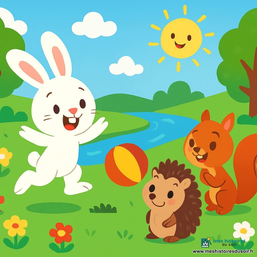 Un petit lapin blanc nommé Léo, aux grandes oreilles et aux yeux pétillants, saute joyeusement dans une prairie verdoyante entourée de fleurs colorées. Il sourit largement et invite ses amis à jouer. À proximité, un hérisson brun nommé Nino, regardant le ballon avec excitation, commence à sourire en prenant confiance. Un écureuil espiègle applaudit, encourageant Nino à participer. La scène se déroule près d'une rivière scintillante, sous un ciel bleu et des arbres majestueux. Léo et ses amis jouent ensemble au ballon, célébrant la diversité et l'égalité, tandis que Nino s'avance pour frapper le ballon, montrant que chacun a sa place dans le jeu.