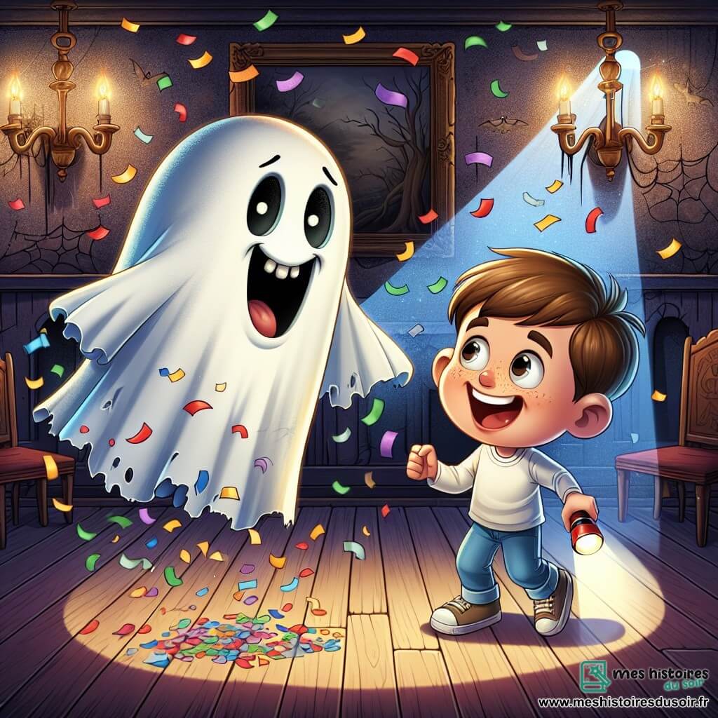 Un fantôme espiègle, flottant dans les airs avec un drap blanc troué et des yeux malicieux, rit en lançant des confettis colorés. À ses côtés, Louis, un garçon de 10 ans aux cheveux bruns en bataille, sourit en racontant une blague, émerveillé. La scène se déroule dans une pièce de la Maison Hantée, avec des murs couverts de toiles d'araignées et des chandeliers vacillants. Louis et le fantôme partagent un moment de rire, transformant la Maison Hantée en un lieu de fête joyeuse.