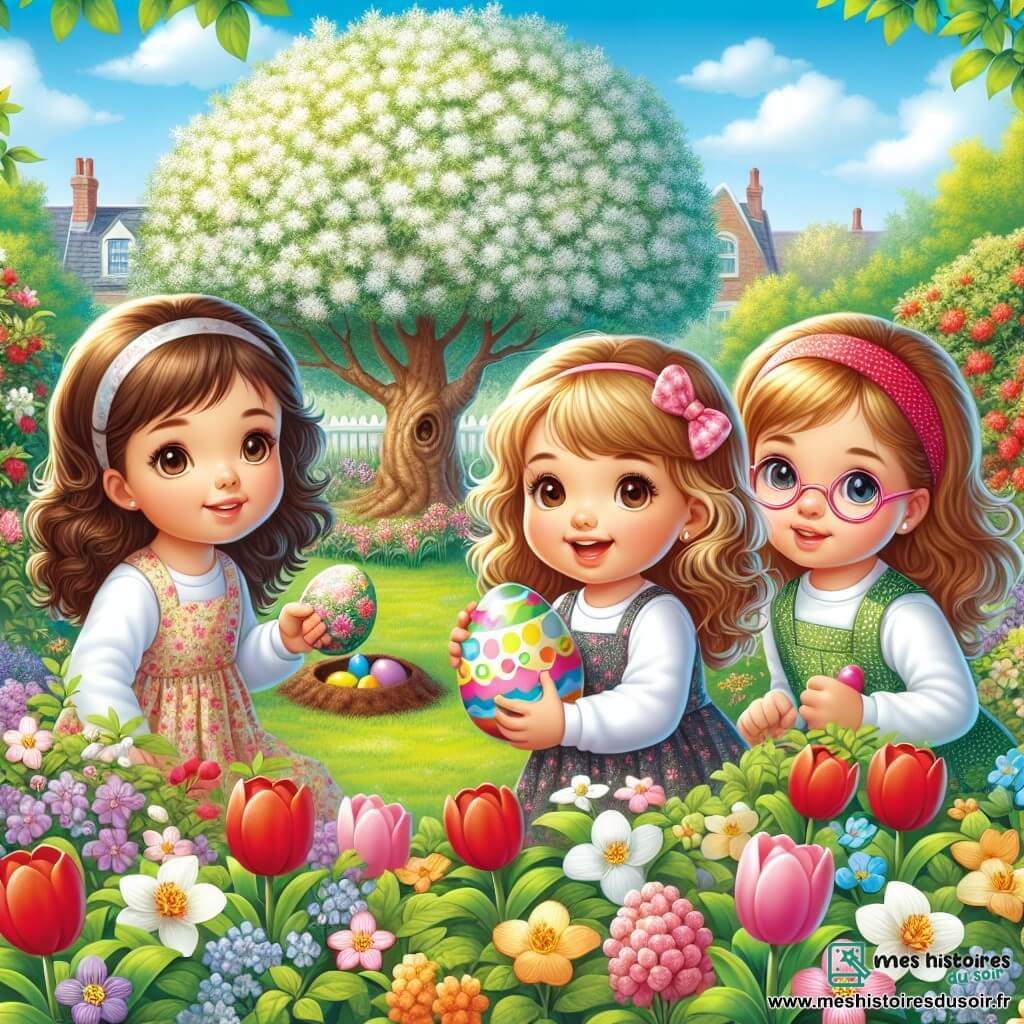 Dans un jardin ensoleillé, trois petites filles, Clara, Emma et Julie, participent à une chasse aux œufs de Pâques. Clara, 8 ans, tient un œuf en chocolat coloré, tandis qu'Emma, 7 ans, observe un buisson fleuri et Julie, 8 ans, fouille le sol avec une petite pelle. Le jardin est rempli de fleurs éclatantes et un vieux pommier se dresse en arrière-plan. Les filles rient et s'encouragent dans leur quête d'un œuf magique, entourées du chant des oiseaux.