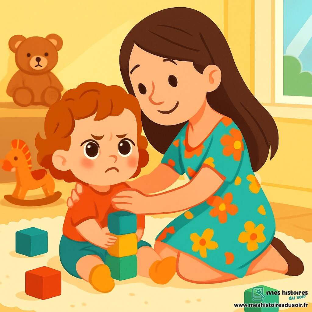 Une petite fille de 2 ans, avec de grands yeux brillants et des cheveux bouclés, est assise par terre, entourée de cubes colorés, affichant une expression de frustration. À côté d'elle, sa maman souriante, d’environ 30 ans, accroupie, lui offre un câlin réconfortant. La scène se déroule dans une chambre lumineuse aux murs jaunes pastel, avec des jouets éparpillés sur un tapis moelleux et des rayons de soleil filtrant à travers une fenêtre. La petite fille, après avoir fait tomber sa tour de cubes, exprime sa colère mais commence à se calmer grâce à l'amour de sa maman.