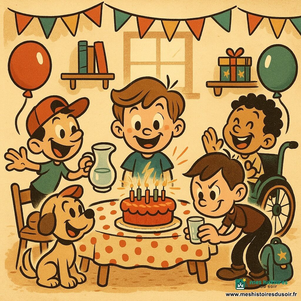 Cinq personnages : Léo, garçon de 8 ans aux mèches châtain clair en t-shirt bleu à éclair, au centre devant la table soufflant les huit bougies d’un gâteau aux fraises avec un grand sourire ; Nino, 8 ans, casquette rouge de travers et t-shirt vert, à gauche de Léo tendant une carafe, posture joyeuse ; Sam, 8 ans, cheveux courts bruns, sac à dos à étoiles posé au sol, à droite de Léo alignant un verre, concentré et malicieux ; Jules, 8 ans, cheveux noirs frisés en fauteuil roulant style course placé légèrement derrière à droite, applaudissant en riant ; Pistache, petit chien beige assis près des pieds de Léo regardant le gâteau en remuant la queue. Lieu : salle à manger cosy aux tons chauds, murs crème avec guirlande multicolore, table en bois clair couverte d’une toile cirée à pois rouges, ballons attachés aux chaises, fenêtre laissant entrer une lumière douce et un cadeau étoilé posé sur une chaise. Situation : scène festive et dynamique — Léo souffle les bougies tandis que ses amis s’activent autour (carafe, verres, applaudissements) dans une composition aux lignes fluides et couleurs saturées, ambiance chaleureuse et conviviale.