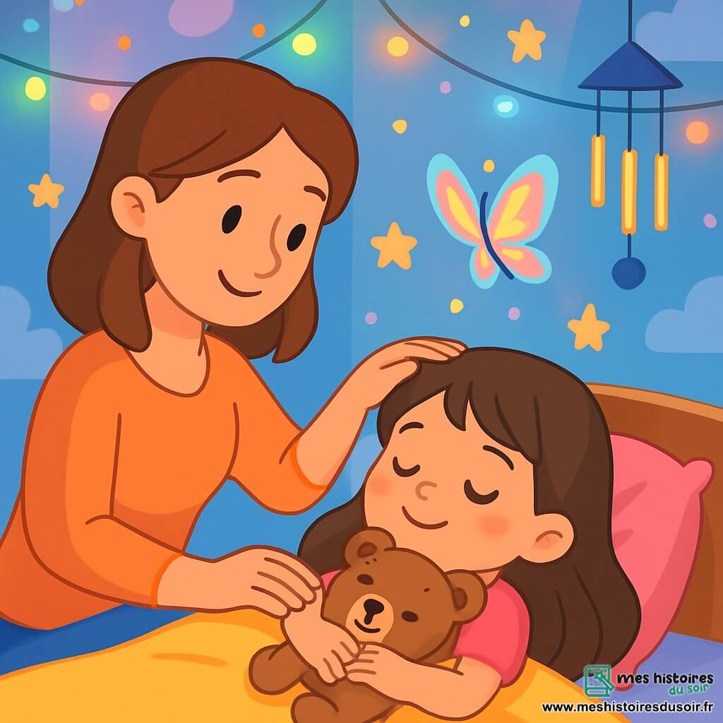 Une petite fille de 4 ans, Lila, avec de longs cheveux bruns et des yeux pétillants, est allongée dans son lit douillet, tenant son doudou en peluche, un ours doux, contre sa poitrine. Sa maman, d’une trentaine d’années, caresse tendrement ses cheveux, assise au bord du lit. La chambre aux couleurs pastel, avec des murs ornés de nuages et d’étoiles, est éclairée par une douce lumière tamisée. Des petites lumières colorées ajoutent une touche magique. Lila respire profondément, les yeux fermés, tandis qu’un papillon lumineux vole autour d'elle, créant une ambiance de rêve. Le carillon résonne doucement, et l’atmosphère est empreinte de sérénité, invitant à la détente et au sommeil.