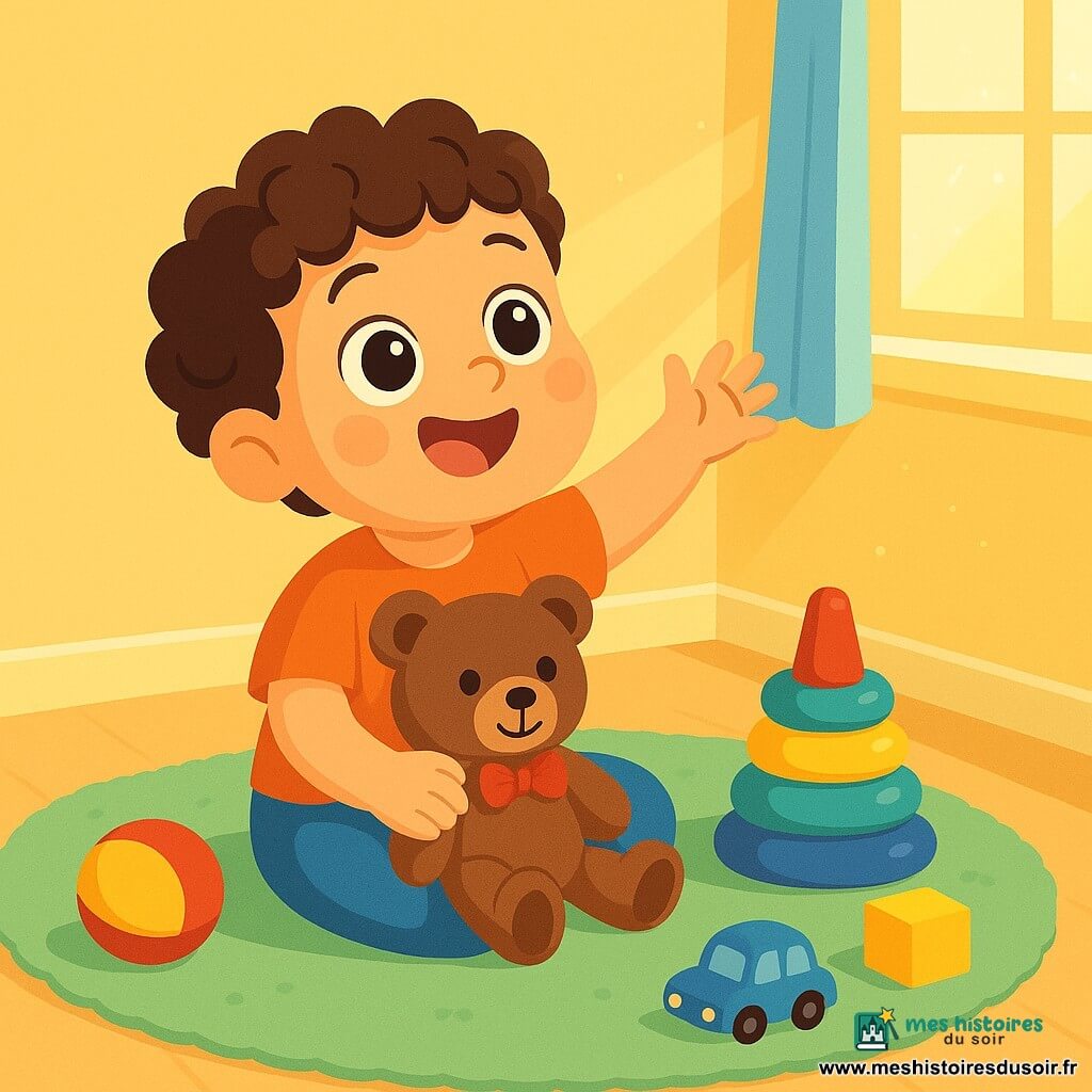Léo, un petit garçon de 2 ans aux grands yeux ronds et aux cheveux bouclés, sourit avec émerveillement en tenant son nounours en peluche dans ses bras. Son visage rayonne de joie et de curiosité. À côté de lui, son nounours brun avec un nœud rouge semble l'écouter attentivement. La scène se déroule dans une chambre lumineuse aux murs jaunes pastel, où la lumière dorée du soleil entre par une grande fenêtre, projetant des ombres douces. Des jouets colorés sont éparpillés autour d'eux. Léo, rêveur, tend la main vers la lumière dansante sur le mur, riant joyeusement face à ce spectacle magique.