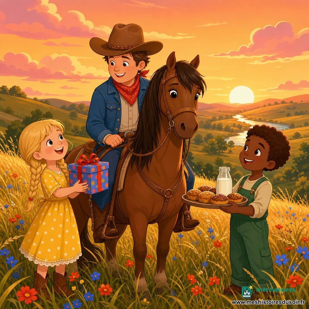 Un cow-boy souriant au visage rond et taches de rousseur, chapeau de feutre marron et veste en jean bleue, assis sur son cheval brun Choco, crinière soyeuse, saluant des amis au sommet d'une colline ; à sa gauche une fille d'environ 7 ans aux tresses blondes en robe jaune à pois blancs tenant un cadeau, à sa droite un garçon d'environ 8 ans aux cheveux bruns en salopette verte portant un plateau de gâteaux et du lait ; décor : colline herbeuse dorée au coucher du soleil avec quelques fleurs sauvages, ciel orangé et collines lointaines ; scène : goûter joyeux et paisible, rires et échanges de cadeaux, style vectoriel simple et couleurs vives adapté aux jeunes enfants.