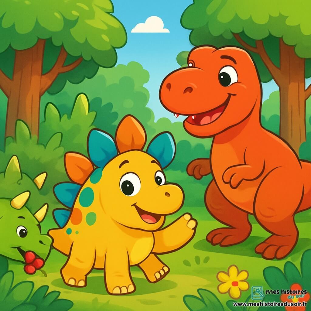 Un jeune stégosaure nommé Petit-épi, avec un dos coloré de vert, bleu et orange, sourit joyeusement. Il est au centre, levant une patte avant, prêt à explorer. À ses côtés, un tyrannosaure nommé Roro, musclé et souriant, regarde Petit-épi avec excitation. Un tricératops nommé Tico, avec des cornes imposantes et une peau verte, cueille des baies en arrière-plan. Une forêt dense et verdoyante avec des arbres géants et des fleurs colorées se déploie sous un ciel bleu éclatant. La scène évoque l'aventure et la camaraderie entre les dinosaures.