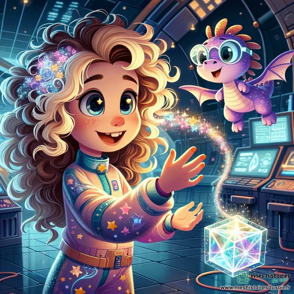 Au centre de l'image, Lila, une fille de 12 ans, sourit émerveillée. Elle a de longs cheveux bouclés dorés et porte une combinaison spatiale colorée avec des motifs étoilés. Ses yeux brillent de curiosité alors qu'elle tend la main vers un cube flottant émettant de la lumière magique. À sa droite, un petit dragon violet nommé Ziggy, portant des lunettes de soleil, la regarde amicalement. En arrière-plan, un laboratoire futuriste de la Station Étoilée se déploie avec des murs en métal scintillant et des plantes luminescentes. Lila découvre le Cube des Possibilités, illuminant son visage d'émerveillement, tandis que Ziggy l'encourage à plonger dans une nouvelle aventure pleine de magie et de découvertes.