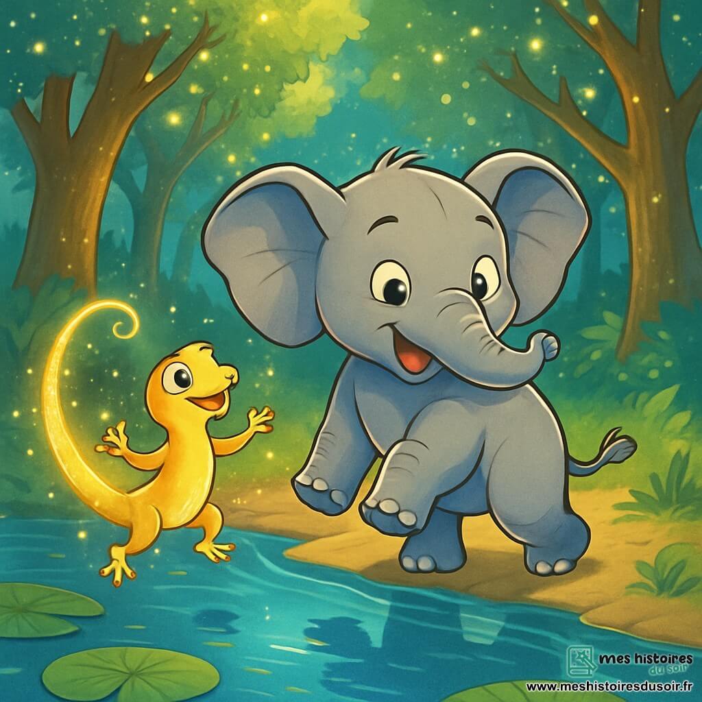 Un jeune éléphant nommé Elior, avec une peau grise et soyeuse, se tient joyeusement au bord d'un lac miroitant. Il sourit, prêt à sauter dans l'eau, tandis qu'un petit gecko scintillant nommé Lumea danse autour de lui, émettant une lueur dorée. Le décor est une forêt enchantée avec des arbres majestueux et des nénuphars géants sur un lac bleu profond. Elior et Lumea découvrent le Lac des Reflets Inversés, émerveillés par la magie qui les entoure. Elior observe son reflet dans l'eau, tandis que Lumea illumine la scène.