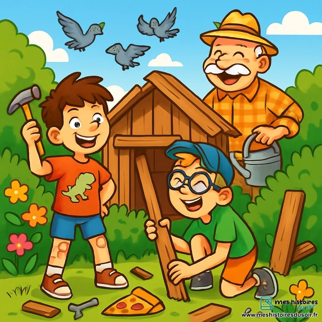 Il y a trois personnages : Théo, un garçon de 9 ans aux cheveux bruns en bataille, vêtu d'un t-shirt rouge avec un dinosaure et un short bleu, brandissant un marteau près d'une cabane ; Maxime, également âgé de 9 ans, avec des cheveux blonds et une casquette bleue, accroupi et riant en essayant de dégager une planche coincée dans la haie, portant des lunettes rondes et un t-shirt vert ; et M. Dubonbon, un homme âgé à la moustache blanche et au chapeau de jardinier, riant avec un arrosoir, observant les garçons. Le lieu est un jardin ensoleillé avec des fleurs colorées et une vieille cabane en bois entourée d'une haie épaisse. Théo et Maxime sont en pleine construction de leur cabane, entourés de rires et de désordre, tandis que M. Dubonbon les regarde avec amusement.