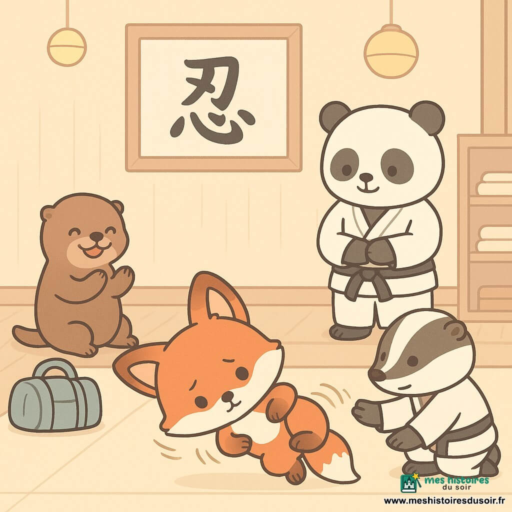 Un jeune renardeau roux au pelage dense et taches blanches, anxieux mais concentré avec un petit sourire, fait une roulade sur un grand tatami crème; Lila la loutre brune, assise à côté, rit et applaudit avec un sac de sport à ses pieds; Maître Bao, grand panda à la ceinture noire, se tient en arrière-plan, mains croisées, regard bienveillant; Basile le blaireau, accroupi près du renardeau, tend la main pour aider; le dojo lumineux aux murs de bois clair affiche une calligraphie "Patience" au-dessus de la porte, lampes chaudes et quelques kimonos pliés; scène chaleureuse et dynamique d'apprentissage, encouragements visibles, couleurs pastel et contours simples.