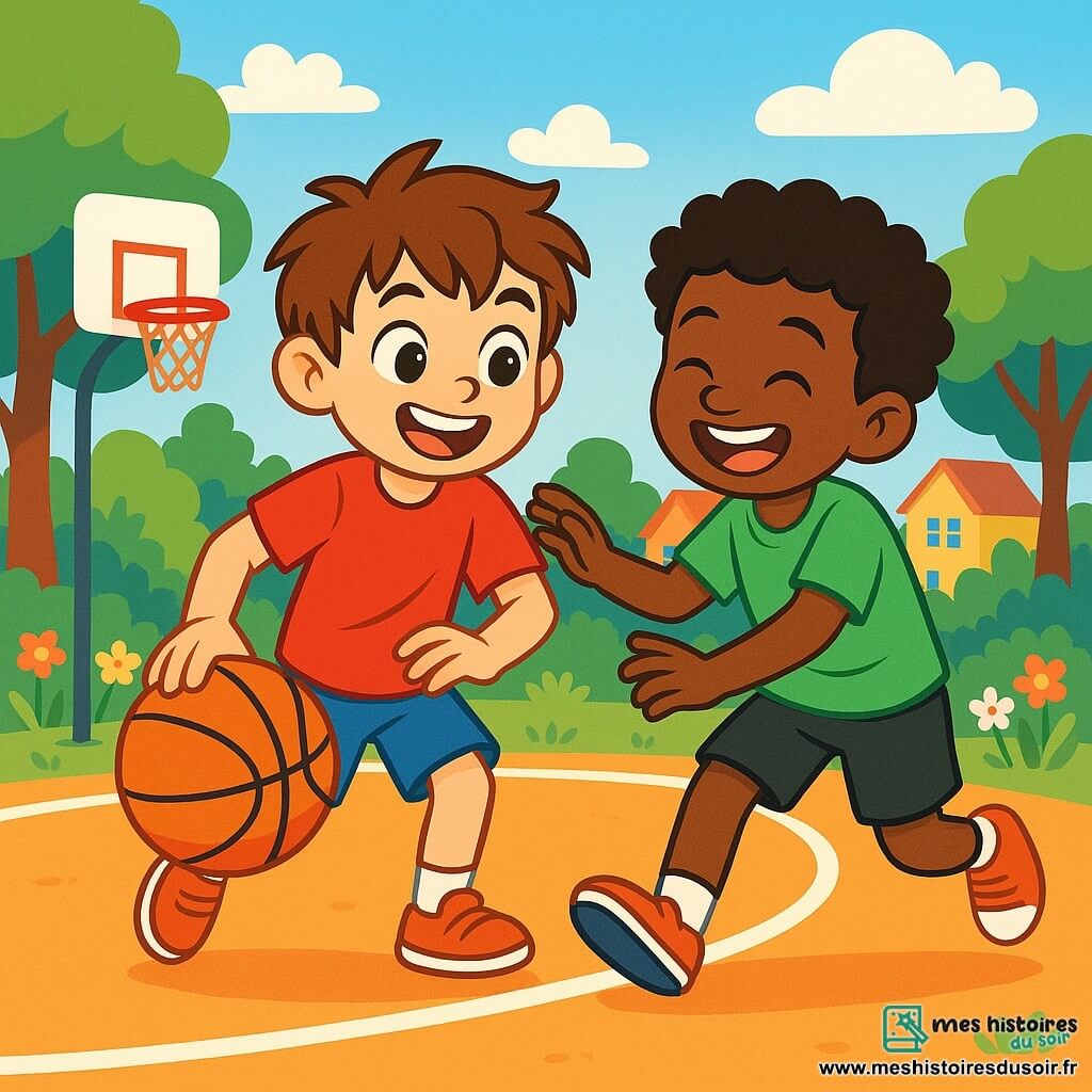 Un garçon de 10 ans, Tommy, avec des cheveux bruns en bataille et des yeux curieux, sourit en dribblant un ballon de basket sur un terrain de jeu. Il porte un t-shirt rouge et un short bleu. À côté de lui, Malik, un garçon de 11 ans à la peau foncée et aux cheveux crépus, rit en essayant de prendre le ballon, vêtu d'un t-shirt vert et d'un short noir. Le terrain de basket est en plein air, entouré d'arbres et de fleurs, avec un ciel bleu clair. Tommy et Malik jouent ensemble, illustrant leur amitié naissante dans une atmosphère joyeuse et pleine de camaraderie.