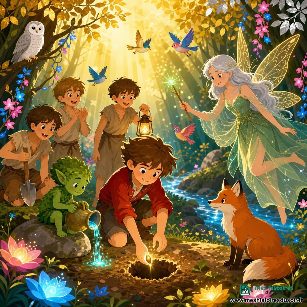 Le Petit Poucet souriant et déterminé, cheveux bruns en bataille, veste rouge et pantalons courts, plante une petite graine brillante dans la terre ; la Fée des Bois flottant près de lui en robe verte translucide, cheveux argentés et ailes dorées, tient une baguette étincelante et regarde la graine avec bienveillance ; trois frères en draps usés (8–12 ans) l’aident et encouragent, un lutin mousse verse de l’eau lumineuse, un renard curieux, une chouette blanche et des oiseaux colorés entourent la scène ; en arrière-plan, une forêt magique aux feuilles d’or et d’argent, lianes florales, fleurs lumineuses et un ruisseau scintillant ; ambiance solennelle et joyeuse, lumière dorée, composition centrée sur la graine et les mains, palette chaude et formes simples pour un rendu flat design enfantin.