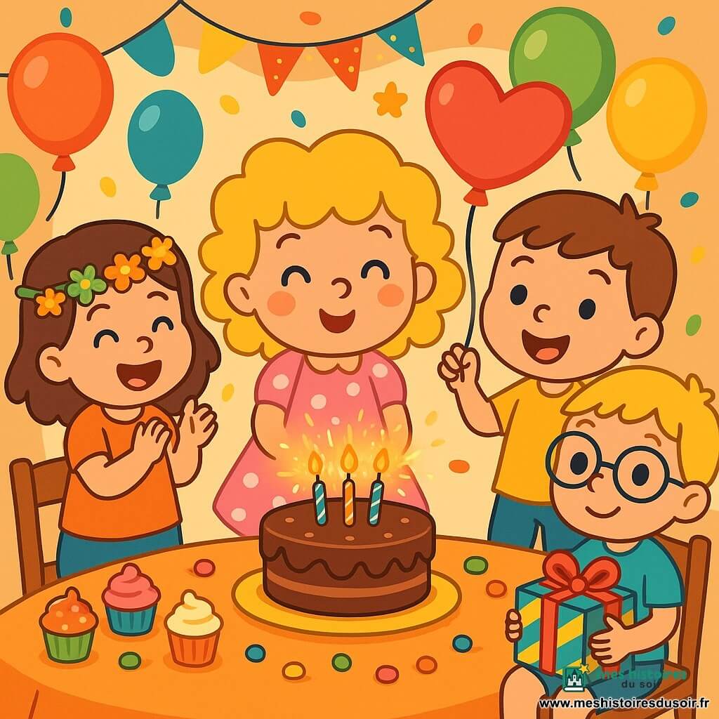 Lila, une petite fille de 4 ans aux cheveux bouclés et dorés, porte une robe rose à pois blancs. Elle souffle sur les bougies d'un gâteau au chocolat, entourée d'Elsa, qui applaudit, de Tom, tenant un ballon en forme de cœur, et de Lucas, assis avec un cadeau coloré. La fête se déroule dans une salle décorée de ballons et de guirlandes, avec une table pleine de gâteaux et de bonbons. Tous chantent "Joyeux anniversaire".