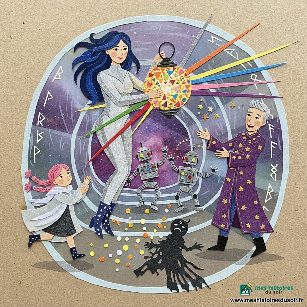 Une femme flottante, joyeuse et bienveillante, serre une lanterne ronde multicolore diffusant des rayons arc‑en‑ciel; elle a de longs cheveux bleu nuit, une combinaison argentée, des bottines étoilées et une posture protectrice. À droite, un magicien d'une quarantaine d'années aux cheveux gris courts et robe violette brodée rit en lançant des étoiles filantes près d'un mur de verre; à gauche, une fillette magicienne d'environ huit ans aux tresses roses et manteau de brume applaudit et court vers la lanterne. Au centre, deux robots dansants en métal poli exhibent des bras articulés ornés de LED colorées. La scène se déroule dans un tunnel translucide en forme de serpent aux parois ondulées gravées de runes lumineuses, avec une nébuleuse violette en arrière‑plan et de petites lucioles flottantes; une ombre triste se transforme en nuée de lucioles autour de la lanterne tandis que lumière chaude et couleurs vives envahissent le tunnel. Style collage papier : formes découpées, textures froissées, bords visibles, couches superposées et couleurs saturées, ambiance magique et accueillante.