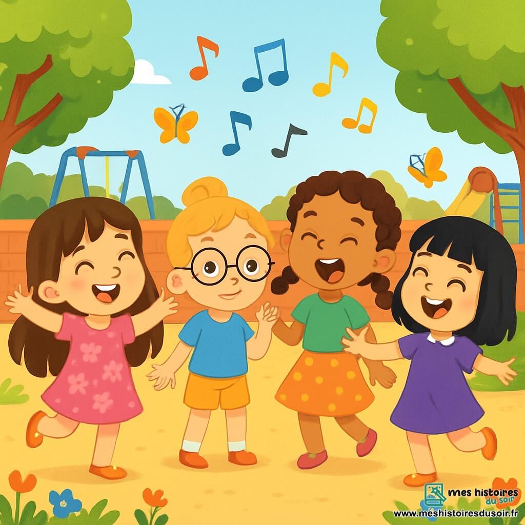 Quatre enfants jouent dans une cour d'école ensoleillée : Lila, 7 ans, danse joyeusement en robe rose ; Zoé, également 7 ans, sourit en tenant la main de Lila, malgré sa nervosité ; Emma, 7 ans, chante en faisant des grimaces, vêtue d'une jupe à pois ; et Sofia, 7 ans, danse avec enthousiasme en robe violette. Elles sont entourées d'arbres, de jeux et de fleurs colorées. Les enfants chantent et dansent ensemble, exprimant leur joie, tandis que des papillons volent autour d'eux, créant une atmosphère magique.