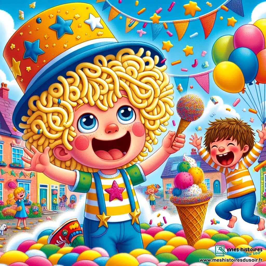 Léo, un garçon de 6 ans aux cheveux bouclés et dorés, porte un chapeau rond avec des étoiles dorées et des plumes roses. Il sourit en tenant une glace multicolore, dansant sur des coussins en forme de nuages. À ses côtés, son ami Paul, également âgé de 6 ans, aux cheveux bruns en désordre, rit aux éclats, les bras levés. La scène se déroule dans un village coloré avec des maisons vives et un ciel bleu. Léo et Paul découvrent le pouvoir magique du chapeau qui a fait apparaître un immense ballon de fête s'envolant dans le ciel, les entraînant dans une aventure pleine de surprises.