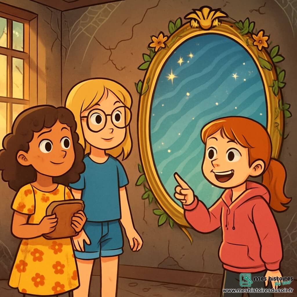 Trois filles de 10 ans se tiennent devant un grand miroir ancien dans une pièce poussiéreuse d'une maison abandonnée. Emma, avec des cheveux bruns bouclés et une robe jaune à fleurs, tient un carnet. Léa, aux cheveux blonds lisses et lunettes rondes, porte un t-shirt bleu et un short en jean. Chloé, avec des cheveux roux et un sweat rose, sourit en pointant le miroir. La lumière dorée du soleil filtre à travers les fenêtres brisées, créant une atmosphère magique. Les filles sont fascinées par le miroir scintillant, prêtes à plonger dans un monde enchanté.