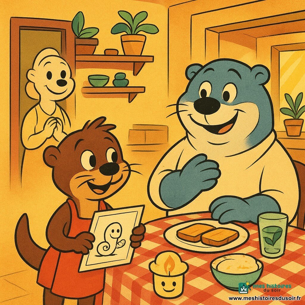 Léo la loutre, petit mammifère aquatique au pelage brun doux et aux moustaches fines, a une expression fière et timide, porte un tablier trop grand et tient un menu dessiné; Papa Loutre, grand et rond au pelage gris-bleu, visage chaleureux et yeux brillants, est assis, souriant et la main sur le cœur, tandis que Maman Loutre, pelage crème et sourire complice, se tient dans l’embrasure de la cuisine; la pièce est une cuisine-salon cosy transformée en « restaurant maison » avec nappe à carreaux rouge et blanc, petite bougie en papier souriante, verres avec feuilles de menthe, tartines dorées et bol de « nuage » de fromage, étagères en bois, rayons de soleil obliques et plantes; couleurs chaudes (bruns, jaunes, verts menthe, touches de rouge), textures lisses et contours noirs épais de style cartoon rétro; scène tendre et joyeuse où Léo sert fièrement son papa, menu posé sur la table (le « P » de Papa évoque un escargot), gestes exagérés et expressions très lisibles.
