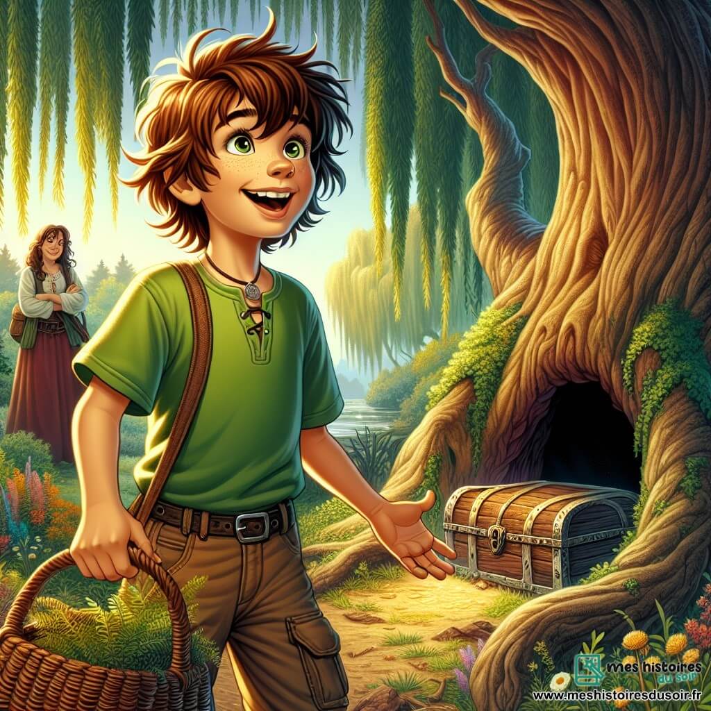 Léo, un garçon de 12 ans aux cheveux châtains en bataille et aux yeux curieux, se tient devant un tronc d'arbre creux dans une clairière enchantée. Il porte un t-shirt vert pomme et un pantalon cargo, souriant d'excitation en découvrant un coffre mystérieux. Sa mère, dans la trentaine avec des cheveux longs et ondulés, l'observe avec bienveillance près d'un grand chêne. La clairière est magique, entourée de saules pleureurs et parsemée de fleurs colorées, illuminée par le soleil couchant. Léo ouvre le coffre en bois, révélant des lettres anciennes et des trésors oubliés, tandis qu'une brise douce fait danser les feuilles, créant une atmosphère de mystère et d'aventure.