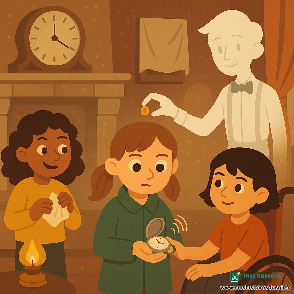 Quatre personnages dans un vieux salon poussiéreux : Inès, 7 ans, cheveux châtain clair en couette, manteau vert, debout au centre, tient une montre ancienne argentée qu'elle ouvre tandis que l'ombre lumineuse d'Éli, gardien du temps pâle et translucide au fond près d'un grand miroir, tend une petite pièce dorée qui s'insère dans la montre et fait naître un tic-tac; à gauche Maëlys, 7 ans, cheveux bouclés bruns, pull jaune, sourit en tenant une feuille froissée, à droite Zoé, 7 ans, cheveux courts noirs en fauteuil roulant rouge, pose sa main sur le poignet d'Inès; autour, manteau de cheminée en pierre avec une pendule arrêtée, tableaux drapés, rideaux épais, lumière chaude d'une lampe à huile et poussière flottante, ambiance de conte légèrement effrayant mais chaleureuse.