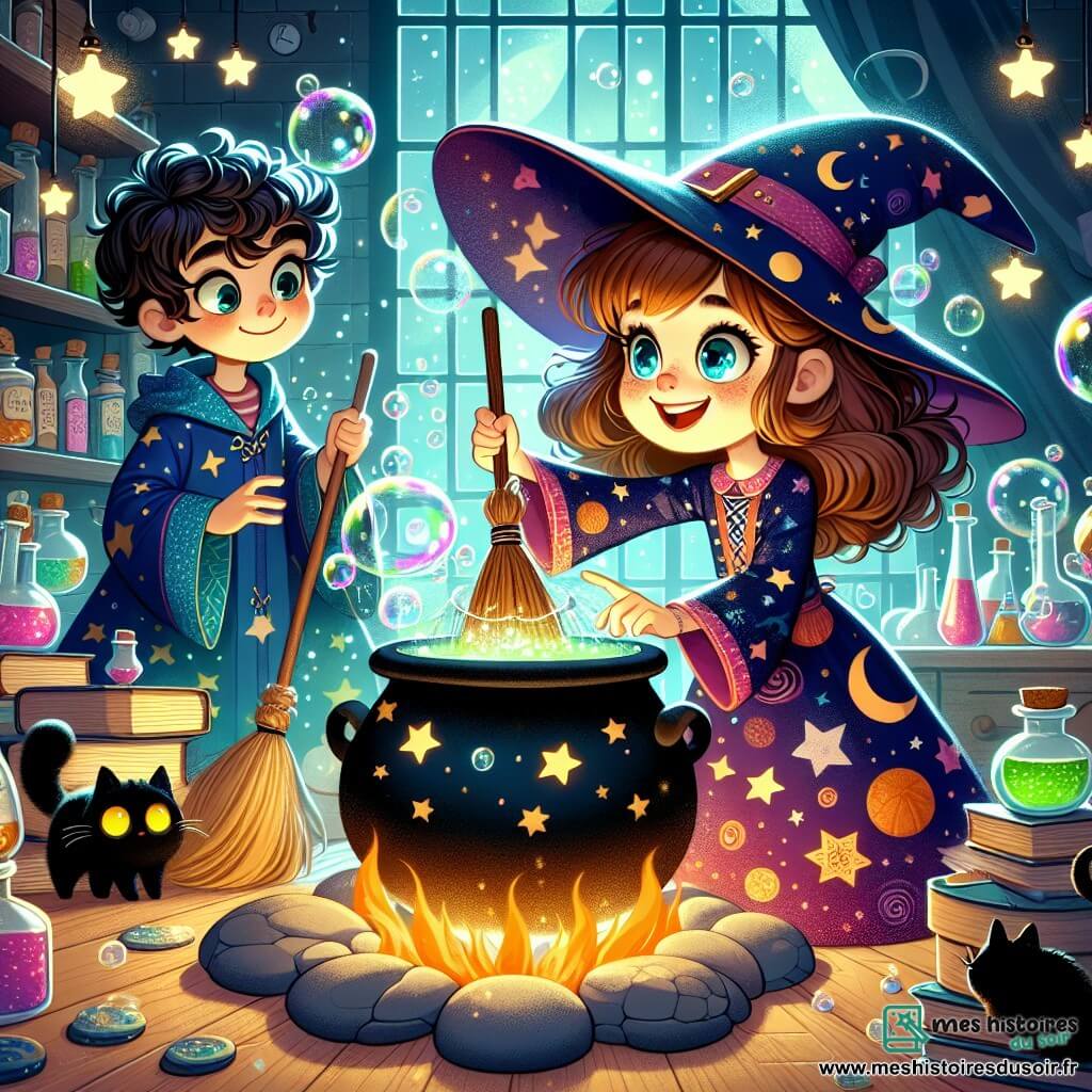 Au centre de l'image, Lilou, une petite sorcière de sept ans avec un chapeau pointu, un sourire éclatant et des yeux malicieux, fait danser son balai magique au-dessus d'un chaudron fumant, entourée de bulles de savon. À sa droite, un jeune sorcier aux cheveux bouclés et lunettes rondes l'observe, vêtu d'une robe bleue et tenant une baguette scintillante. À gauche, un vieux chat noir nommé Moustache se prélasse sur un livre de magie, semblant surveiller les aventures de Lilou. Le décor est la salle de potions de l'École de Sorcellerie de Bouillon-Mystère, remplie de fioles, de livres de sorts et de plantes magiques. Lilou concocte une potion qui jaillit d'étincelles et de bulles colorées, tandis que son balai s'élève dans les airs.