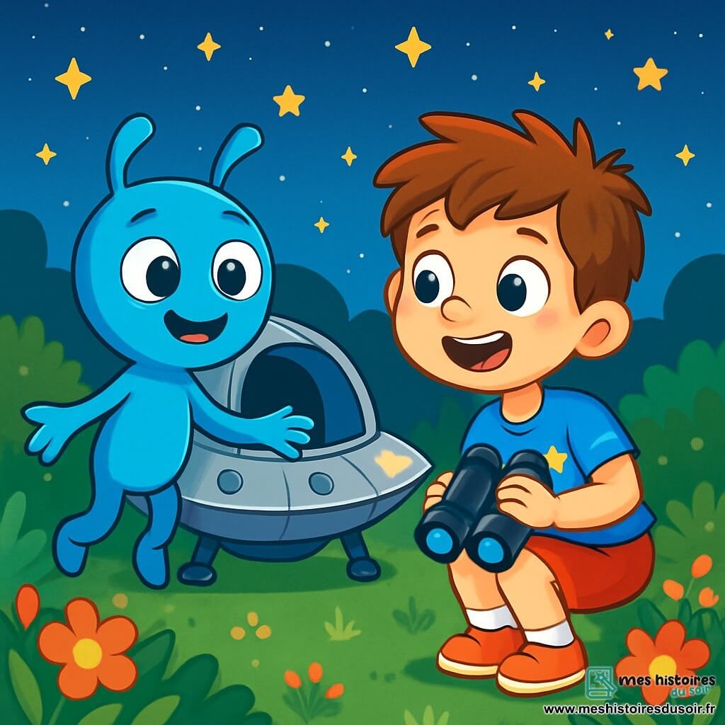 Un garçon de 6 ans, Tom, avec des cheveux bruns en bataille et des yeux curieux, se tient devant un petit vaisseau spatial argenté, souriant d'émerveillement. Il porte un t-shirt bleu avec des étoiles et un short rouge, accroupi avec des jumelles à la main, prêt à explorer. À ses côtés, Lilo, un extraterrestre bleu aux grands yeux ronds et au sourire amical, flotte légèrement. Le jardin est rempli de fleurs colorées et de buissons verts, sous un ciel étoilé. Tom, curieux, regarde Lilo qui lui tend la main pour l'inviter à entrer dans le vaisseau spatial, créant une atmosphère magique pleine d'excitation et de promesses d'aventure.