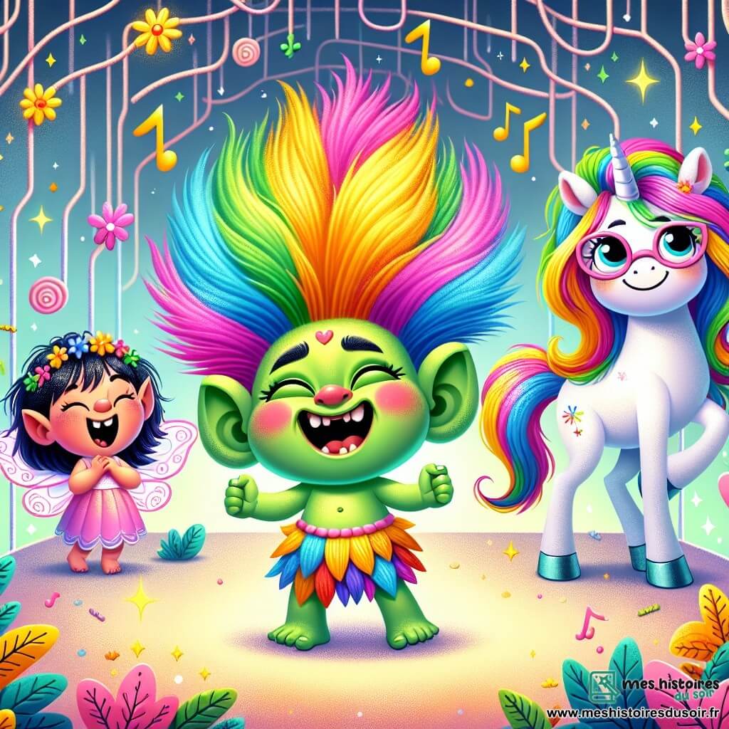 Un troll joyeux nommé Turlututu, avec une peau verte et des cheveux arc-en-ciel, se tient au centre de l'image en riant. Ses grands yeux pétillants brillent d'excitation alors qu'il chatouille une plume géante. À ses côtés, Pétillante, une petite fée aux ailes scintillantes et cheveux dorés, vole joyeusement, prête à rire. Plus loin, Alunettes, la licorne aux lunettes roses, sourit avec reconnaissance, ses crins multicolores flottant au vent. Le décor est celui du Labyrinthe des Rêves, avec des murs de nuages multicolores et des fleurs chantantes. Turlututu fait sa fameuse blague-patate, provoquant un éclat de rire général, tandis que le labyrinthe s'illumine de couleurs vives, ouvrant un passage vers la sortie.