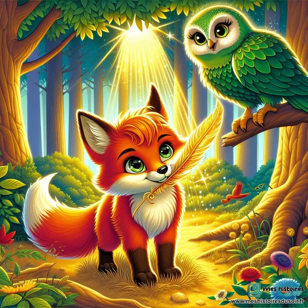 Un jeune renard nommé Flamme, avec une fourrure orange et des yeux curieux, se tient au centre de la clairière, tenant une plume d'or entre ses dents. Il affiche une expression d'émerveillement et de détermination, prêt à découvrir les secrets de la forêt. À sa droite, une chouette nommée Émeraude, aux plumes vertes et aux grands yeux sages, le regarde avec bienveillance, perchée sur une branche. La clairière est illuminée par une lumière dorée, entourée d'arbres aux feuilles vibrantes et de fleurs colorées. Flamme découvre la plume d'or, symbole de sa future aventure, tandis qu'Émeraude l'encourage, soulignant l'importance de la magie et du courage.