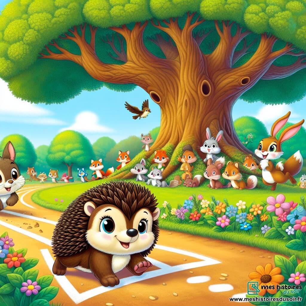 Au premier plan, un hérisson nommé Hugo, avec un pelage brun et des piquants doux, regarde déterminé et souriant sur la ligne de départ d'une course. À côté, Lila, une lapine aux grandes oreilles blanches, saute d'excitation pour encourager son ami. En arrière-plan, un grand chêne et des fleurs colorées bordent le chemin, tandis que d'autres animaux, comme des renards et des oiseaux, se rassemblent autour de la course, exprimant enthousiasme et amitié. La scène illustre le moment où Hugo se prépare à participer à la grande course de la forêt, symbolisant joie, courage et inclusion.
