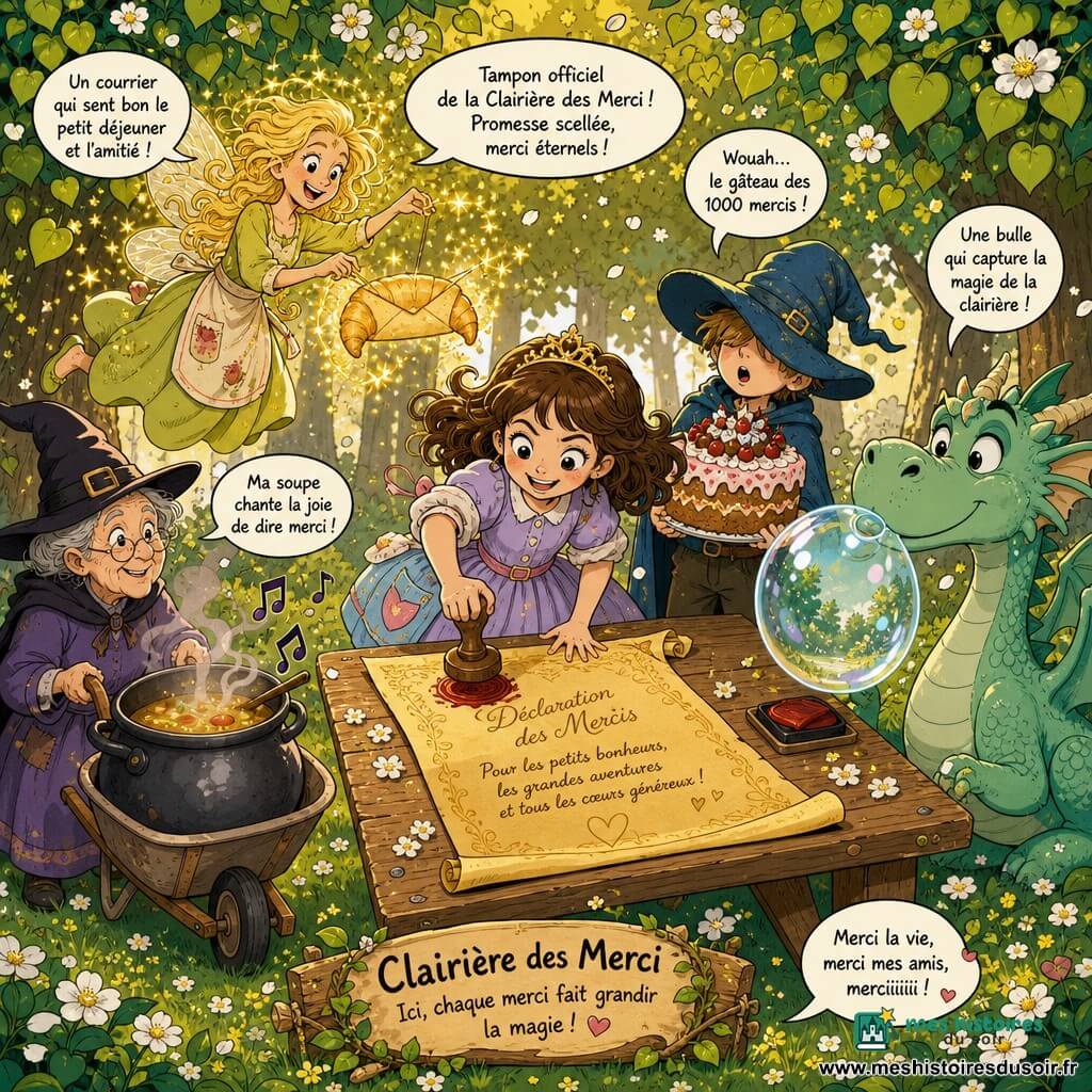 Princesse Lila, souriante et malicieuse, robe pastel à poches, tamponne une grande feuille de parchemin dorée sur une table en bois; Pépito, garçon d’environ 10 ans au chapeau trop grand, tient un gros gâteau et observe émerveillé derrière elle; Fée Marjolaine, cheveux blonds, vole à gauche en faisant tournoyer des paillettes autour d’une enveloppe en forme de croissant; Dragon Fripon, écailles vert-menthe, souffle une bulle de savon translucide à droite; Madame Trille, vieille sorcière bienveillante au chapeau pointu, pousse une marmite fumante sur une brouette; lieu : Clairière des Merci, herbe veloutée et cercle de tilleuls en fleurs, table dressée avec tasses et enveloppes volantes; scène animée et chaleureuse, rires, bulles, fleurs et paillettes flottent, lumière douce de fin d’après-midi, composition centrée sur la table et le parchemin.