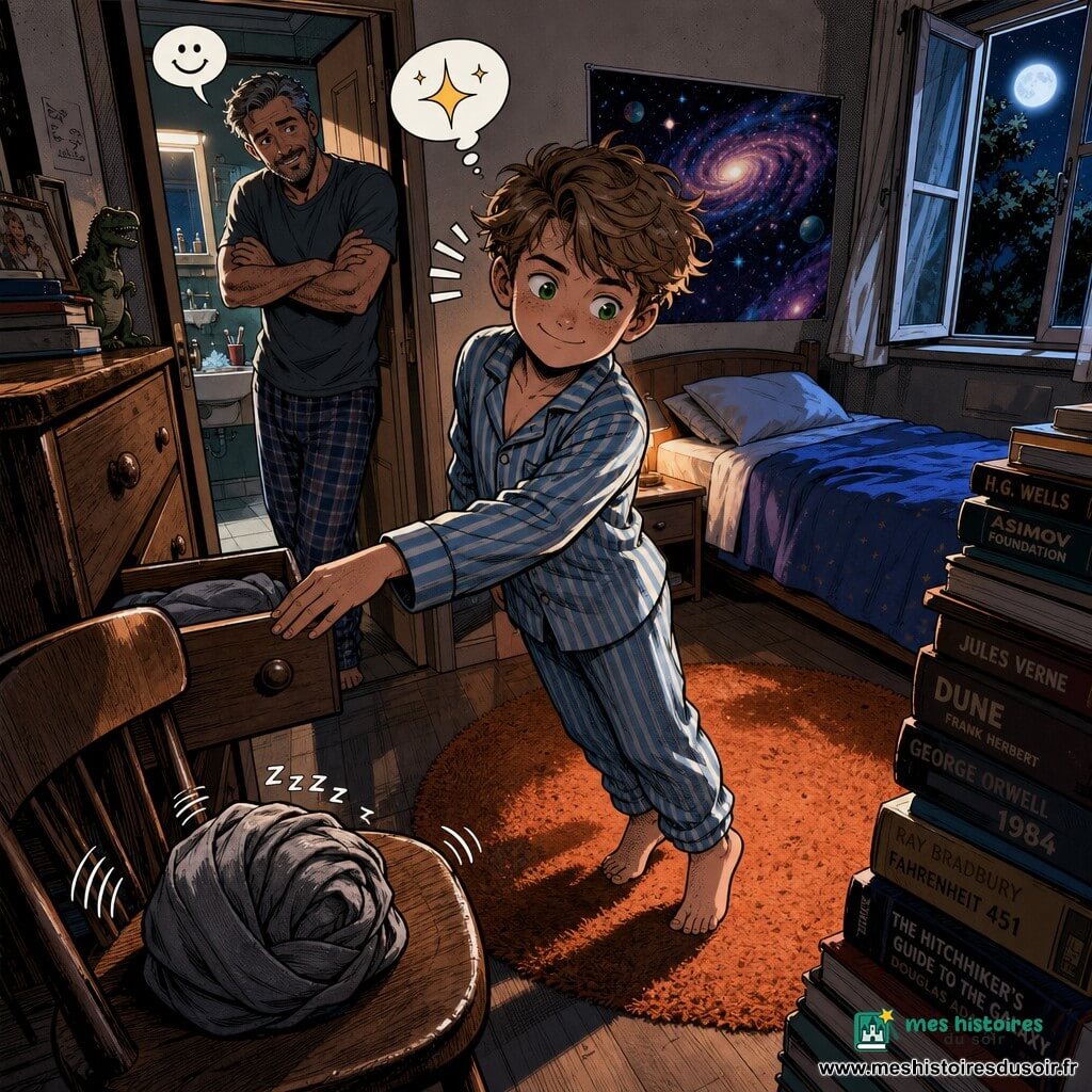 Garçon de 12 ans souriant et concentré, cheveux châtain clair en bataille, yeux verts, en pyjama rayé bleu et blanc, sur la pointe des pieds fermant doucement un tiroir, paume sur la poignée, expression malicieuse et fière ; le père d'environ 40 ans, cheveux poivre et sel et barbe légère, dans l’embrasure de la porte, bras croisés et regard amusé penché en avant ; une chaise en bois au premier plan porte un pyjama gris froissé semblant « respirer » ; petite chambre chaleureuse aux murs crème, poster de galaxie au-dessus du lit, tapis orange rond, livres empilés, fenêtre entrouverte laissant une lueur de lune, éclairage nocturne doux aux tons pastel contrastés par touches vives ; instant silencieux et tendre du « pouf », gestes lents, textures marquées (bois, tissu), composition en plan moyen légèrement en plongée.