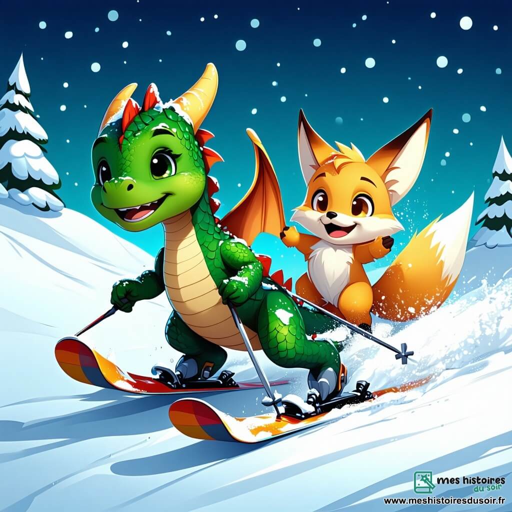 Un petit dragon vert nommé Lilo glisse joyeusement sur une pente enneigée, ses yeux brillants et un grand sourire sur le visage. Il porte des skis colorés et a les ailes légèrement déployées. À côté de lui, un renard magique nommé Zippy saute avec enthousiasme, ses grandes oreilles pointues dressées, riant joyeusement et encourageant Lilo. Zippy porte une écharpe rouge qui vole au vent. Le décor est une montagne enneigée avec des sapins couverts de neige et un ciel bleu clair. L'ambiance est joyeuse et festive, illustrant l'esprit d'amitié et de plaisir du ski.