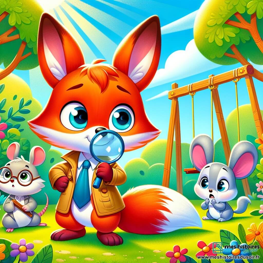 Noé le renard, avec son pelage roux et ses yeux curieux, est accroupi sur l'herbe verte, tenant une loupe avec détermination. Zoé la souris, à la fourrure grise et aux grandes oreilles, est à ses côtés, excitée et scrutant le sol pour des indices. Léo le lapin, inquiet, regarde autour de lui avec désespoir. Le parc, ensoleillé et rempli de fleurs colorées et d'arbres, abrite une balançoire en bois d'où le robot bleu a disparu. Les petits enquêteurs cherchent des indices pour retrouver le robot de Léo avec enthousiasme.