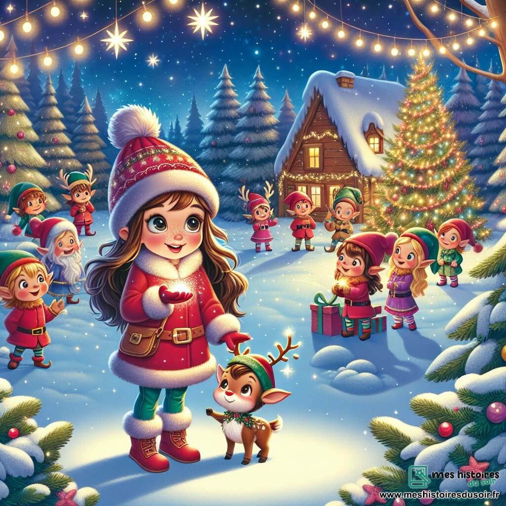 Au centre de l'image, une fille de 7 ans, Lucie, avec de longs cheveux bruns et des joues roses, sourit émerveillée. Elle porte un manteau rouge vif, un bonnet à pompon et des bottes fourrées, tenant un petit renne, Flocon, qui lui fait face avec des yeux pétillants. À côté d'eux, des lutins joyeux, vêtus de costumes colorés, préparent des cadeaux et décorent des sapins, entourés de guirlandes lumineuses et de biscuits en forme d'étoiles. La clairière est recouverte de neige, avec des arbres majestueux et une cabane en bois illuminée. Lucie et Flocon, au milieu des lutins, rient et chantent des chansons de Noël, partageant la magie de cette nuit étoilée.