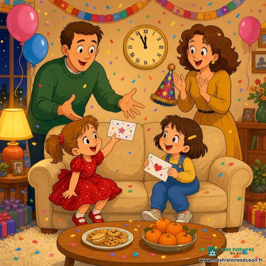 Quatre personnages dans un salon chaleureux : Zoé (~4 ans), châtain clair en couettes, robe rouge pailletée, assise à gauche du canapé, souriante en tendant une enveloppe « DANSE » ; Lina (~4 ans), brune courte avec barrette jaune, salopette bleue, assise à droite, rit en offrant une enveloppe « CALIN » ; le papa (~35 ans), cheveux courts, pull vert, debout derrière le canapé à gauche, mains prêtes à recevoir l’enveloppe, air tendre et surpris ; la maman (~33 ans), cheveux mi-longs bouclés, robe moutarde, debout derrière le canapé à droite, applaudissant et tenant un petit chapeau de fête. Le salon est coloré avec tapis crème, table basse en bois clair, assiettes de biscuits et mandarines, guirlandes en papier, ballons rose et bleu, horloge dorée indiquant presque minuit et lumière chaude d’une lampe ; c’est le Nouvel An, les filles offrent leurs vœux pendant le décompte, des confettis commencent à tomber, ambiance joyeuse, palette vive et style dessin animé années 90 aux contours doux.