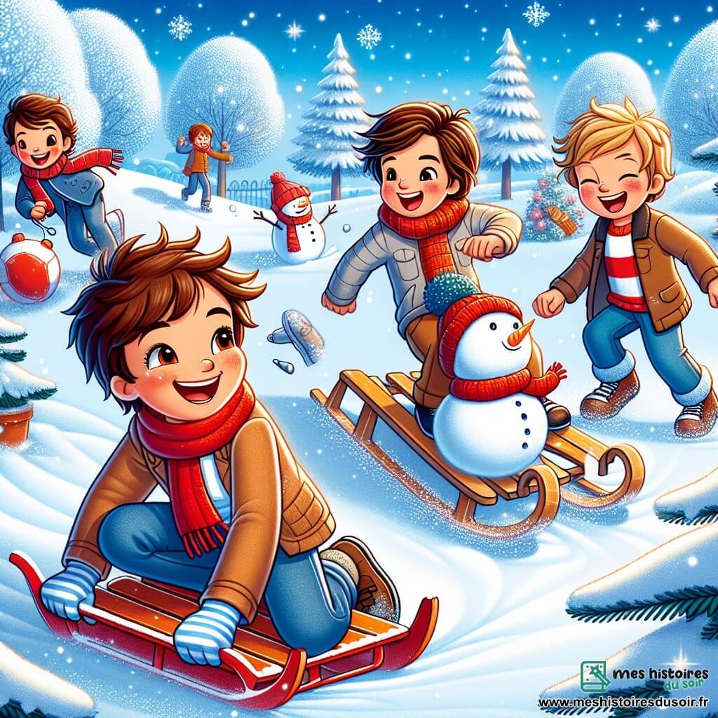 Dans un parc enneigé, quatre garçons de onze ans jouent ensemble. Lucas, au centre, tire une luge rouge. À sa droite, Hugo rit en lançant une boule de neige. À gauche, Maxime construit un bonhomme de neige avec une écharpe rouge. Enfin, Thomas s'élance sur sa luge, prêt à dévaler la colline. Le parc est couvert de neige scintillante, avec des arbres chargés de flocons. Le ciel est bleu et le soleil brille, créant des ombres douces. La scène illustre la joie et la magie de l'hiver.