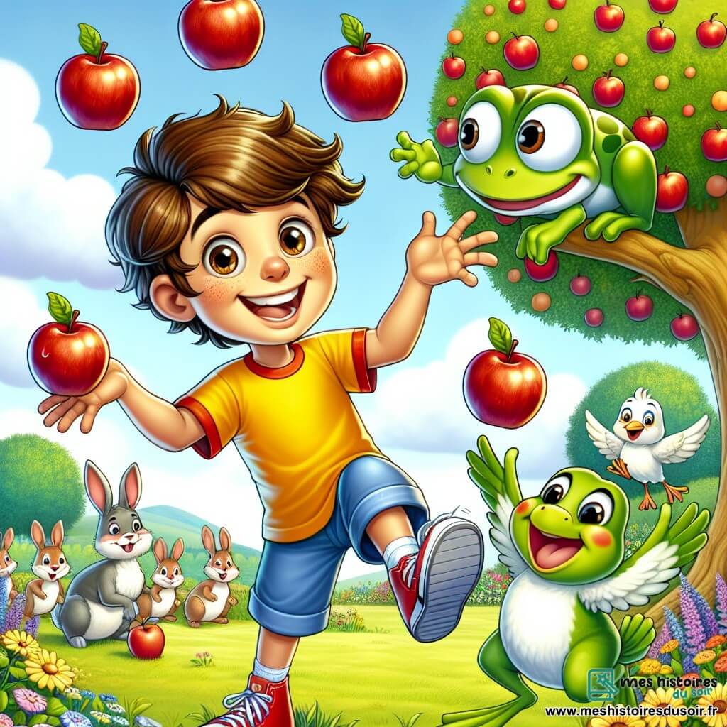 Léo, un garçon de 8 ans aux cheveux bruns et au grand sourire, jongle avec trois pommes rouges en marchant à l'envers. Il porte un t-shirt jaune et un short bleu, ses yeux brillent d'excitation. À ses côtés, Zoé, une grenouille verte, saute joyeusement pour l'encourager. Plus loin, Pipo, un pigeon, s'envole pour chanter. Le décor est un jardin ensoleillé avec des fleurs colorées et un vieux pommier. Des lapins et des oiseaux se rassemblent autour de Léo, créant une ambiance festive. Léo tente de jongler tout en marchant à l'envers, entouré de ses amis qui l'encouragent.