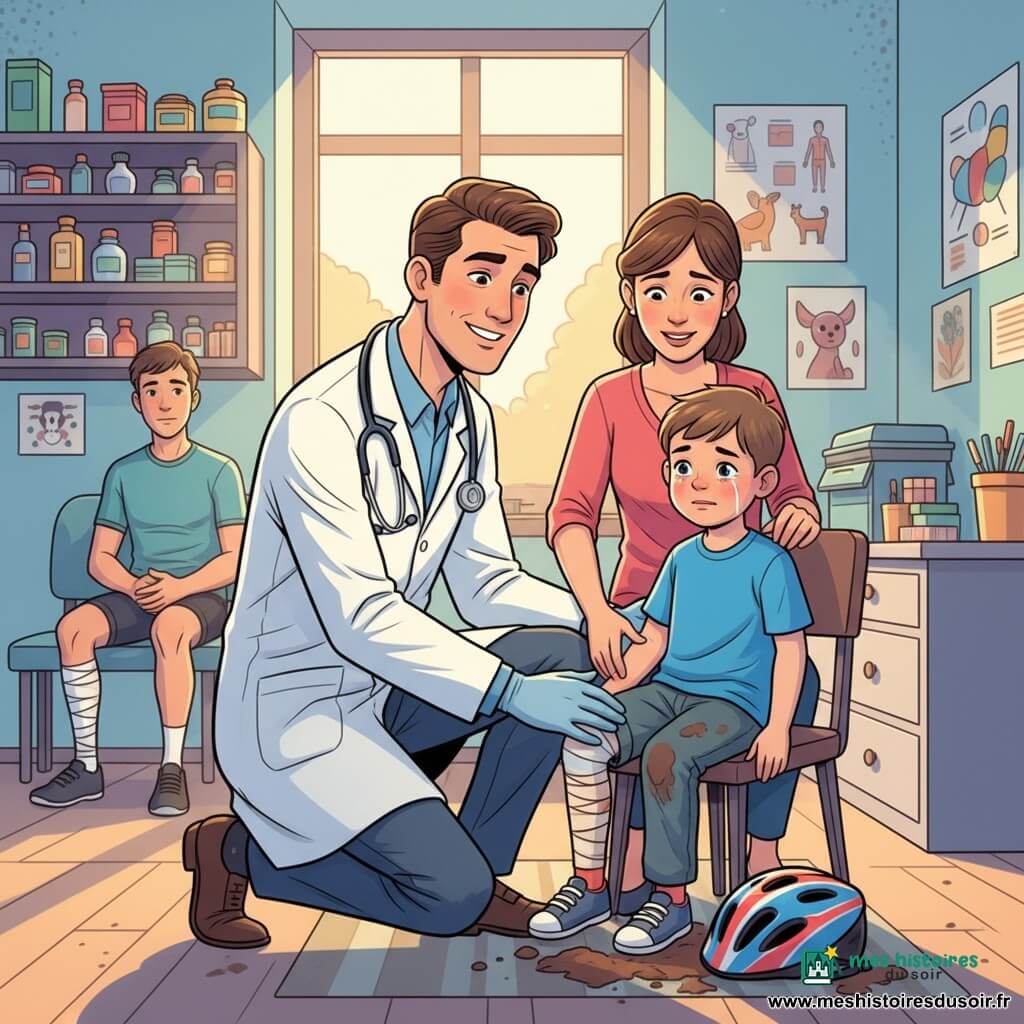 Léo, médecin confiant et doux, agenouillé près d’un garçon d’environ 6 ans au genou bandé, main gantée touchant doucement la blessure, stéthoscope argenté autour du cou, le garçon au visage rougi et aux larmes, casque de vélo rayé à côté et pantalon taché, assis sur une chaise basse près du bureau, la mère d’environ 30 ans aux cheveux attachés debout derrière lui, main serrant la sienne, soulagée mais inquiète; en arrière-plan un cycliste de 20–25 ans avec un bandage à la jambe dans la salle d’attente observant la scène; salle de consultation lumineuse aux murs pastel ornés d’affiches d’anatomie et de dessins d’animaux, étagère à boîtes colorées et grande fenêtre laissant passer un rayon de soleil; ambiance rassurante, gestes calmes et précis, couleurs vives et traits nets de style pop art.