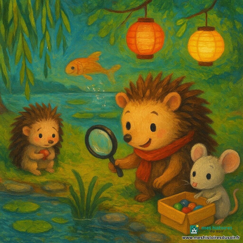 Milo le hérisson curieux et souriant, petit corps couvert de piquants bruns et écharpe rouge, tient une loupe et use d’une plume entre les algues pour pousser une bille verte brillante; Lina la petite souris gris clair ouvre une boîte de billes colorées à sa droite, un jeune hérisson timide et rougissant, assis sous un saule à gauche, serre une bille rouge contre sa poitrine, et Tom le poisson apparaît en reflet d’eau à l’arrière, sa queue projetant des gouttes irisées; la berge herbeuse aux pierres humides, nénuphars et rivière claire est éclairée par des lanternes en papier; scène joyeuse et calme où Milo récupère la dernière bille coincée tandis que ses amis l’encouragent, expressions d’entraide et de soulagement, couleurs vives et textures de peinture acrylique aux coups de pinceau doux et lumineux.
