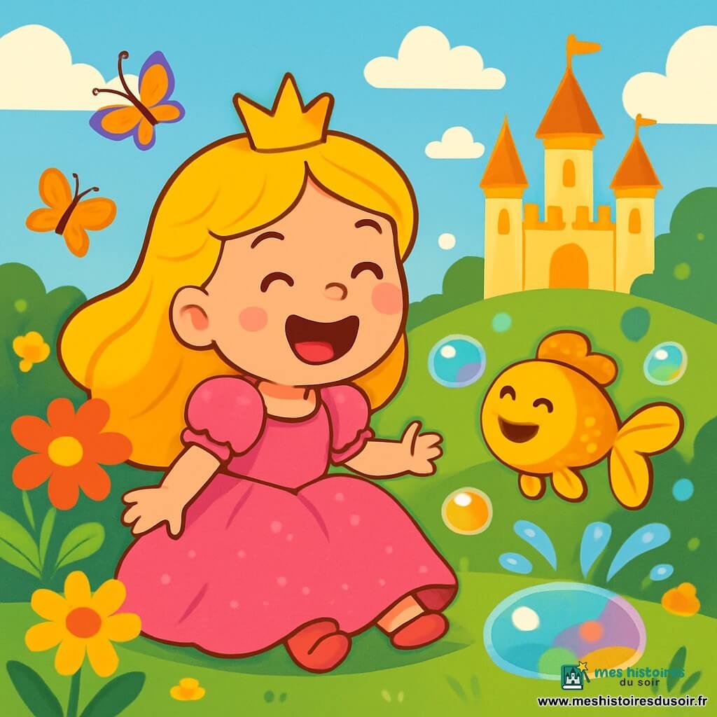 Une princesse joyeuse aux cheveux dorés et en robe rose rit dans un jardin magique. Elle est assise sur l'herbe, entourée de fleurs colorées. À côté d'elle, un petit poisson doré saute hors d'une bulle colorée, plein d'énergie. Le jardin est rempli de fleurs géantes, de papillons multicolores et d'un ciel bleu clair. Au loin, un château scintillant se profile. La princesse et le poisson dansent ensemble, entourés de bulles colorées, créant une atmosphère joyeuse et magique.