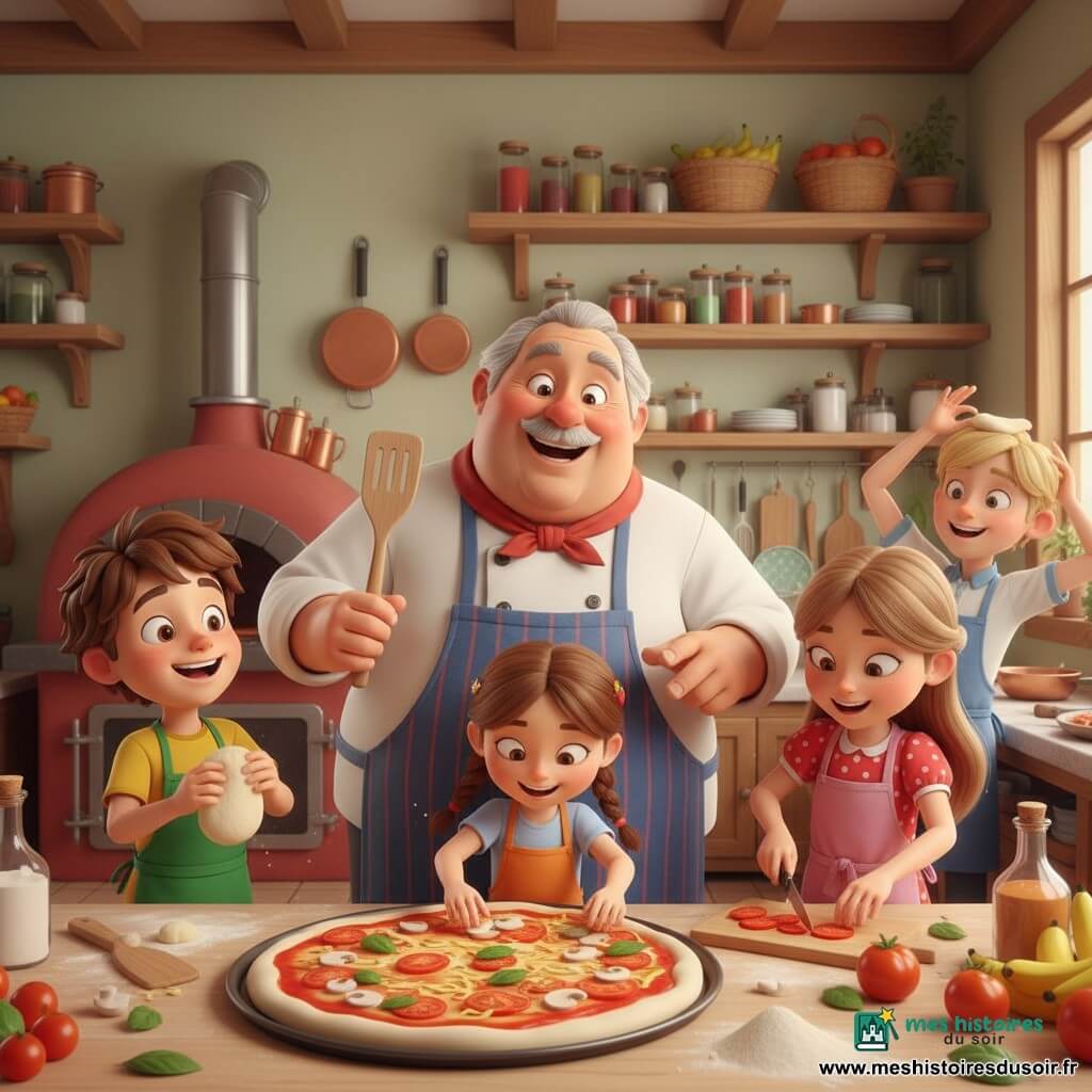 Un chef rond d'une soixantaine jovial, cheveux gris et petite moustache blanche, porte veste blanche et tablier rayé, tient une spatule en montrant une grande pizza préparée avec des enfants: Léo (≈8 ans, t-shirt jaune, tablier vert) malaxe la pâte, Sofia (≈7 ans, robe rouge à pois, tablier rose) coupe des tomates, Mia (≈6 ans, tresse, tablier orange) pose des champignons et Tom (≈8 ans, tablier bleu) lance une pâte qui atterrit sur sa tête; cuisine lumineuse aux murs pastels avec étagères d'épices, fruits et casseroles, grand four rouge, plan de travail fariné; pizza ronde garnie de sauce tomate, fromage, tomates, champignons et basilic; ambiance joyeuse, gestes animés, couleurs vives, éclairage chaud, textures douces et traits cel-shading, composition centrée sur le chef et la pizza.