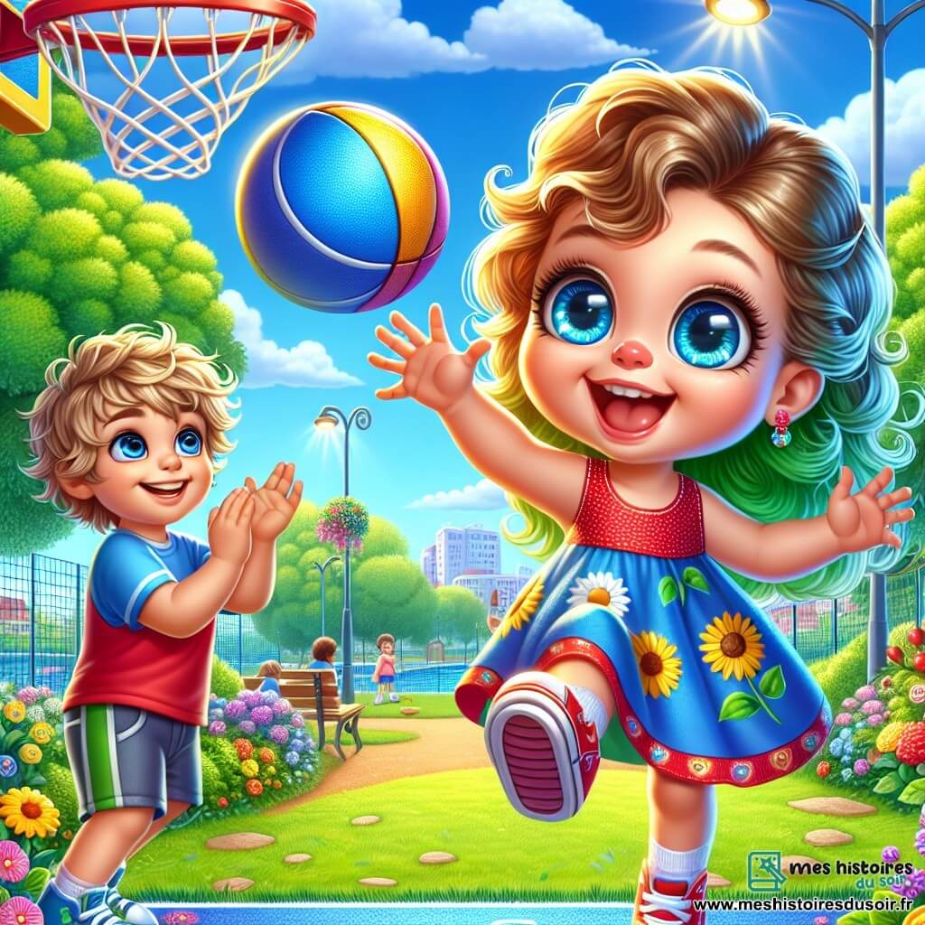 Une petite fille de 2 ans, Lila, avec de grands yeux brillants et des cheveux bouclés, porte une robe colorée et sourit largement. Elle lance un ballon bleu avec enthousiasme, les bras levés. À côté d'elle, un garçon de 3 ans, Tom, avec des cheveux blonds en bataille et un t-shirt rouge, applaudit en souriant, prêt à jouer. La scène se déroule dans un parc verdoyant avec des arbres, un ciel bleu et un cerceau de basket-ball coloré au fond. Lila et Tom tentent de lancer le ballon dans le cerceau, créant une atmosphère de camaraderie et de joie.
