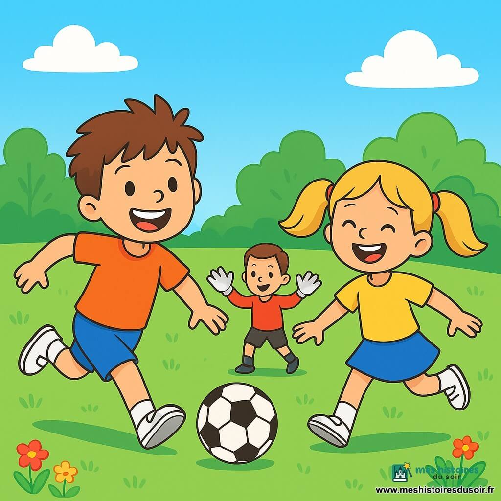 Un jeune garçon nommé Tom, âgé d'environ 8 ans, est au centre de l'image. Il a des cheveux bruns en bataille, un grand sourire et porte un short bleu vif et des baskets blanches. Il court vers un ballon de football, les bras ouverts, plein d'énergie. À côté de lui, sa meilleure amie Emma, 7 ans, avec de longs cheveux blonds en couettes, rit et s'apprête à faire une passe. Plus loin, Max, le gardien de 9 ans, est en position de saut, vêtu d'un maillot rouge et portant des gants. Le terrain est un vaste espace vert avec de l'herbe bien tondue et des fleurs colorées, sous un ciel bleu parsemé de nuages. Tom court vers le ballon, prêt à tirer, tandis qu'Emma et Max l'encouragent, illustrant l'esprit d'équipe et la joie de jouer au football.